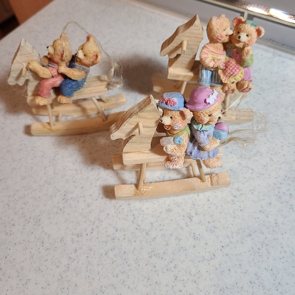 Unique Vintage Ceramic Bear Family on Wooden Rocking Horse - Picture 3 of 9